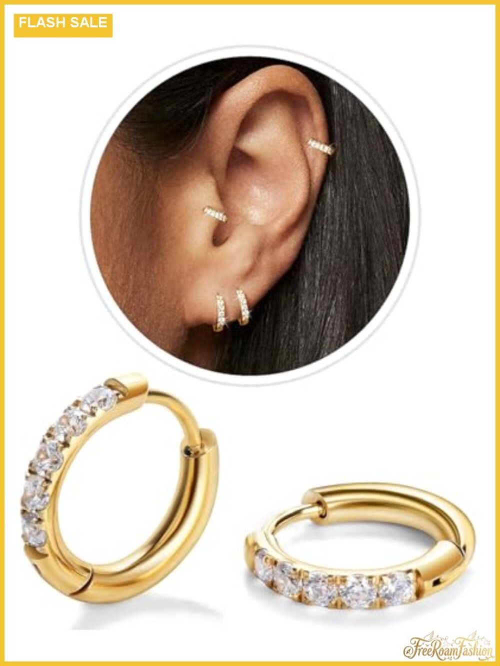 CZ Huggie Hoop Earrings, Stainless Steel Small Hoops